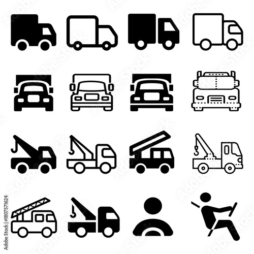 A minimalist set of simplified truck icons including delivery trucks, tow trucks, and fire trucks, along with user and driver silhouettes SVG