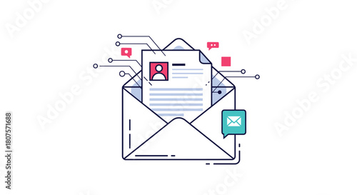 Modern line art icon representing email security with a user profile and shield protection.