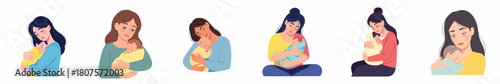 Flat Illustration of Mother Holding Newborn Baby in Various Poses Icon Set