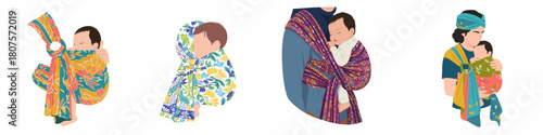 Flat Design Illustration of Mothers and Babies with Different Baby Wraps