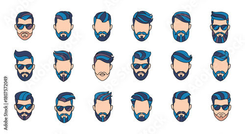 Large collection of various trendy men's hairstyles with different types of beards and mustaches.