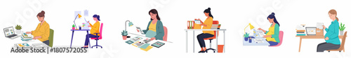 Flat Illustration of Woman Working At Desk In Different Positions Set