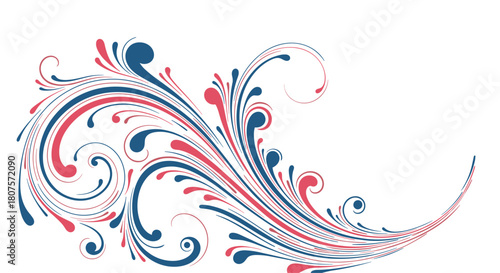 Elegant and intricate abstract floral swirl design with flowing lines in red blue and black.