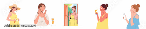 Flat Illustration of Various Pregnant Woman Skincare Routine and Body Care