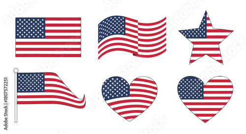 Patriotic collection of various stylized American flag designs including a star and heart shape.