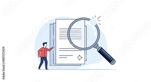 Small character is carefully analyzing a large document with a giant magnifying glass.
