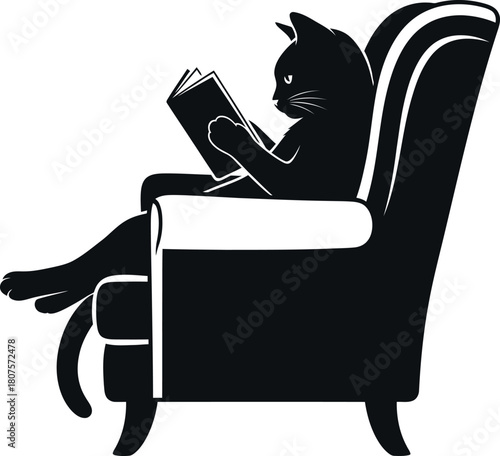 a charming silhouette depicts a black cat comfortably seated in an armchair reading a book