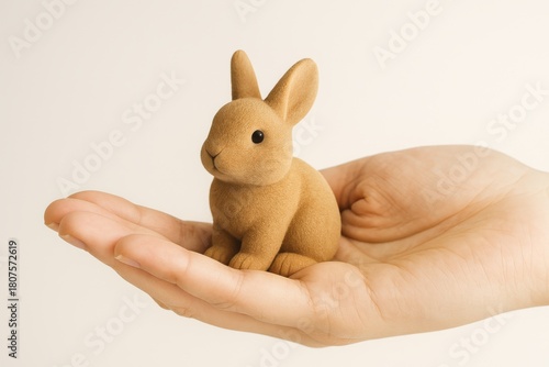 Small Toy Bunny Sitting on Human Hand. Cute Miniature Rabbit. AI Generative.