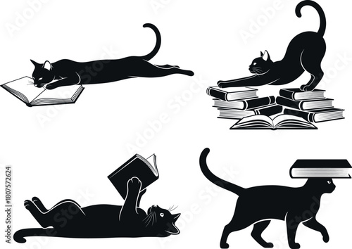 A whimsical illustration of black cats interacting with books in various playful poses and arrangements