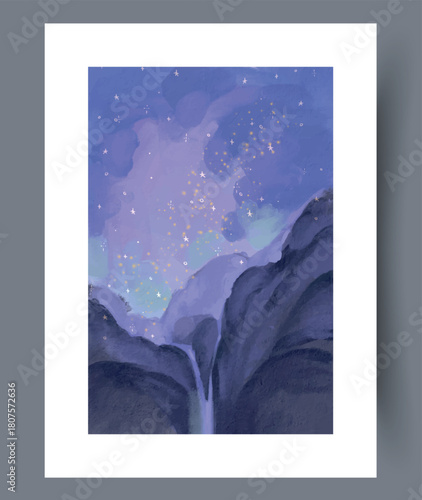 Tranquil nocturnal landscape with cosmic and aurora elements