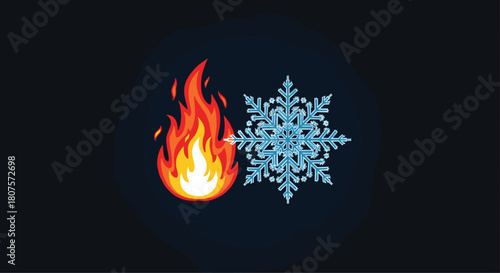 Conceptual illustration of a burning fire and a cold snowflake representing the opposites of hot and cold.