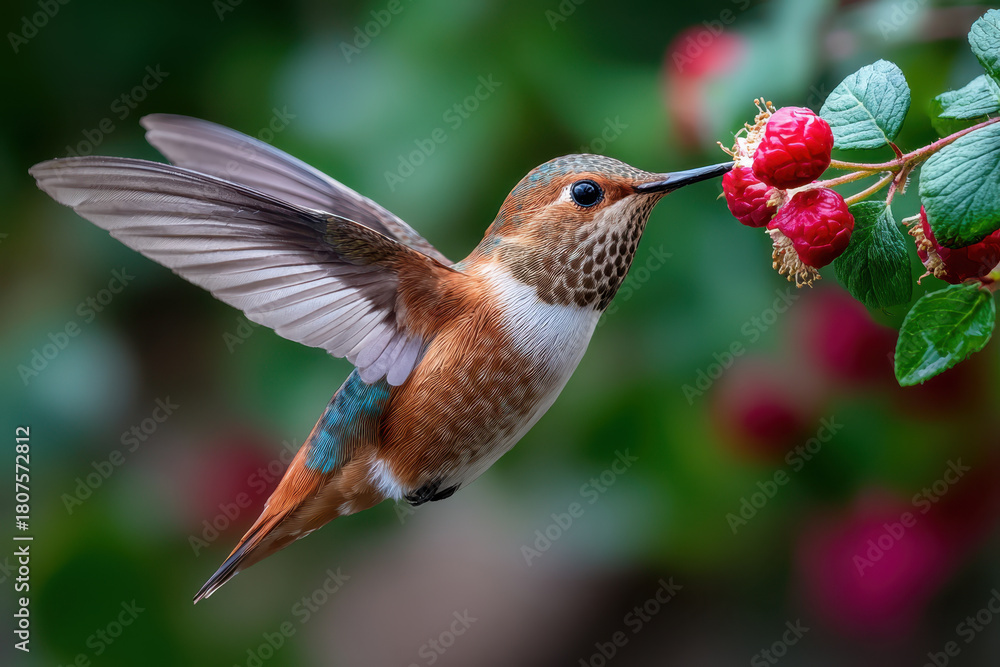 Fototapeta premium Hummingbird feeding on bright red berries in a lush garden setting