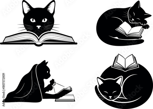 Elegant black cats engrossed in reading and relaxation portrayed in a classic monochrome style