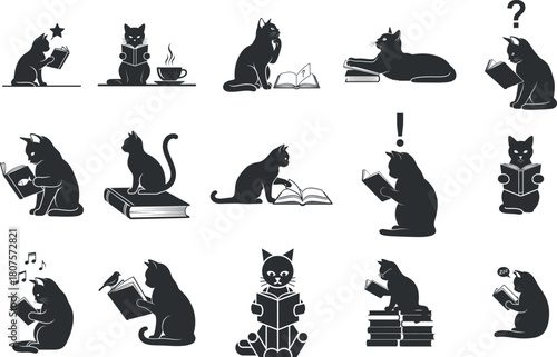 a collection of monochrome silhouettes depicting various cats engaged in the act of reading books