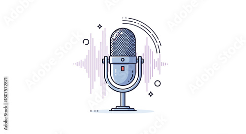 Modern line art illustration of a retro-style studio microphone with sound wave graphics.
