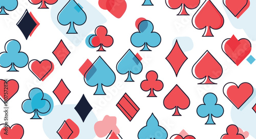 Seamless pattern of the four classic playing card suits in a simple red and blue color scheme.