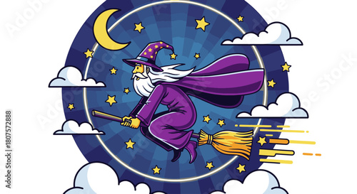 Whimsical Wizard Flying on Broomstick Through a Starry Night Sky Illustration