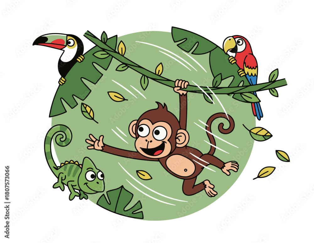 Fototapeta premium Playful cartoon monkey swinging with toucan, parrot, and chameleon in a jungle