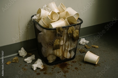 Overflowing Office Trash Bin with Coffee Cups and Tissues. AI Generative.