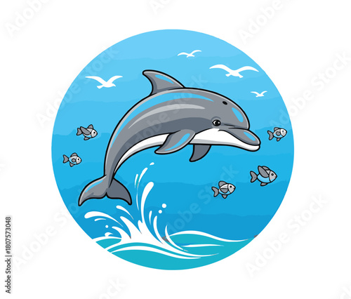 Happy cartoon dolphin jumping from blue ocean waves with fish and seagulls