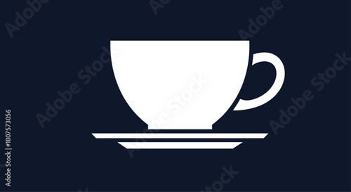 Simple white icon of a coffee or tea cup on a saucer set against a solid dark blue background.