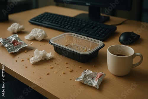 Dirty Workplace After Lunch Break with Crumbs and Trash. AI Generative.