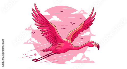 Vibrant Pink Flamingo Flying in a Dreamy Sky with Clouds and Other Birds, Vector Illustration