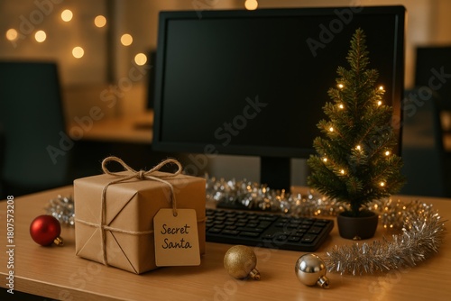 Secret Santa Gift on Office Desk with Christmas Decor. AI Generative.