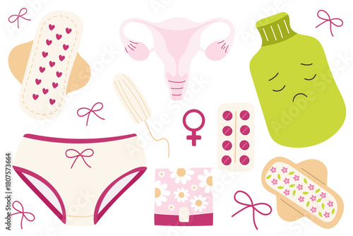 
Period hygiene set, menstrual products illustration, pads tampon uterus clipart, women’s health icons. Period hygiene items: sanitary pads, tampon, uterus, panties, heating pad, pills.