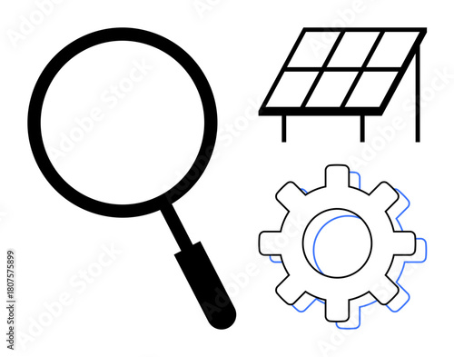 Magnifying glass, solar panel, and gear combine for energy analysis, sustainability, and technology concepts. Ideal for research, innovation, efficiency power renewable energy industry. Simple