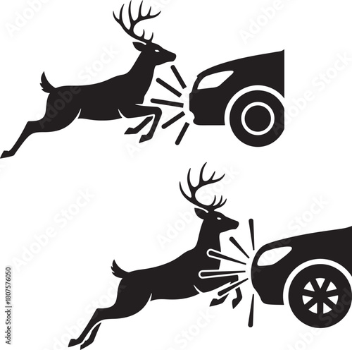 Deer jumping in front of car collision warning symbol silhouette