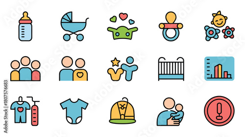 Baby and newborn essentials icons for family planning and motherhood