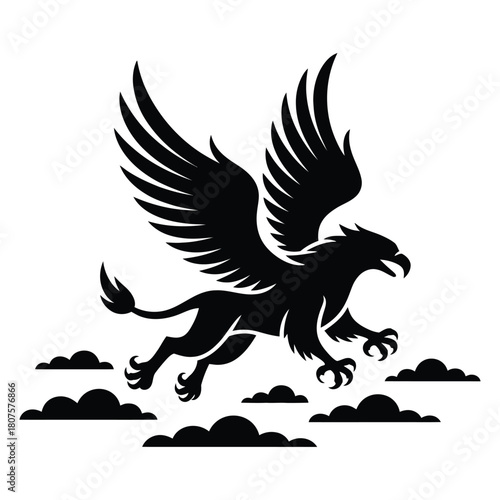 Black Griffin Flying Through Clouds with Wings Spread Bold Design
