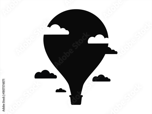 Black hot air balloon flying in the sky minimalist vector design