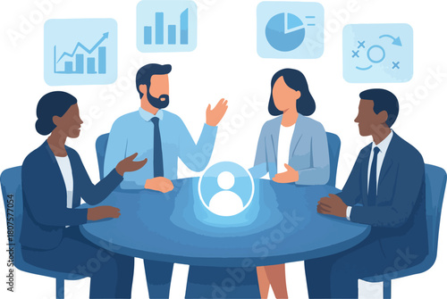 Collaborative Leadership Roundtable — Diverse Team Strategy Meeting Vector Scene
