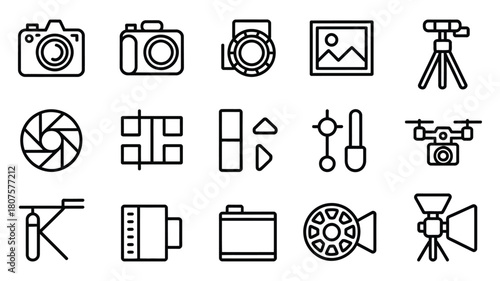 Collection of camera equipment icons in outline style for photography enthusiasts