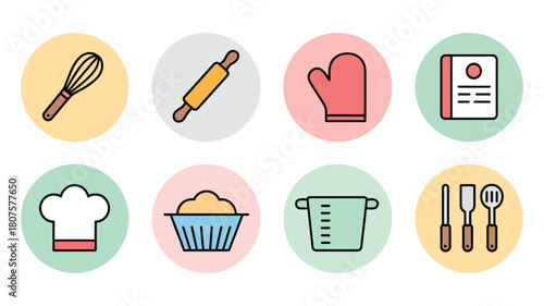 Colorful Kitchen Utensil Icons Baking Preparation Concept Flat Design Style