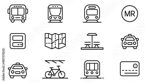 Diverse Collection of Public Transportation and Urban Amenity Icons Graphic
