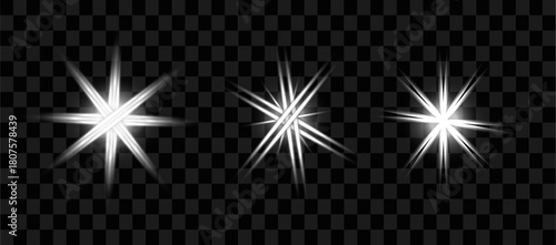 Elegant white starburst light effects collection with lens flare on transparent background ideal for holiday celebrations and graphic design projects offering versatility and visual appeal