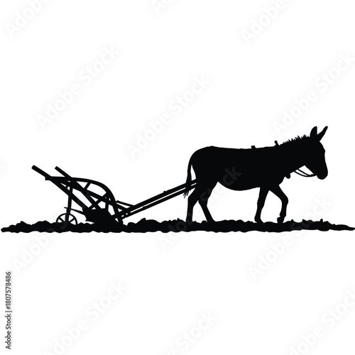 Donkey pulling a plow silhouette farming agriculture animal field traditional rural work mammal domestic countryside cultivation