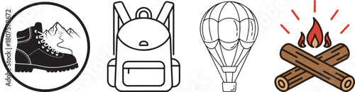 Collection of Outdoor Adventure Icons in Flat Design Style