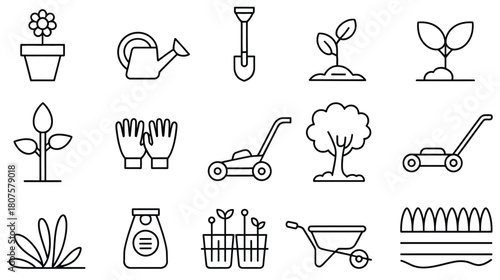 Gardening and landscaping icons set outline style representing agriculture activity