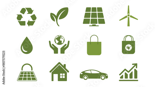 Green energy and sustainability icons depicting environment protection and renewable resources