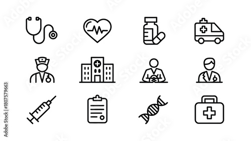 Medical health care icon set representing different aspects of medicine