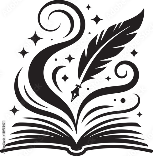 Magical quill pen writing in an open book with celestial swirls and stars
