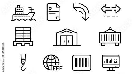 Outline icon set of global logistics and international transportation theme