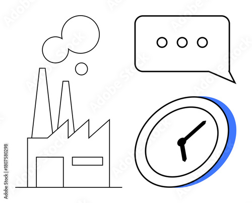Factory with chimneys, analog clock, and speech bubble. Ideal for industry, productivity, manufacturing, communication, time management planning teamwork. Simple flat metaphor