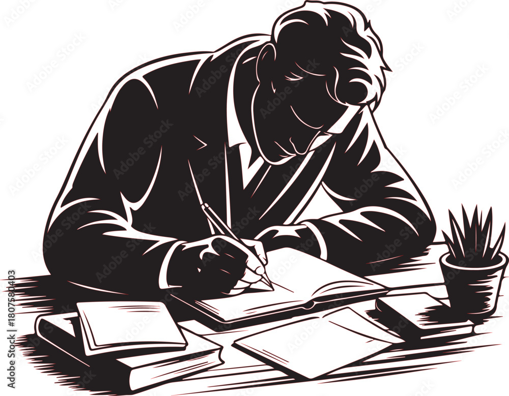 Fototapeta premium Man in gas mask writing at a desk with books and pens