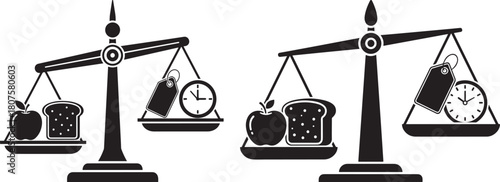 Two balancing scales illustrating the trade off between food and time silhouette