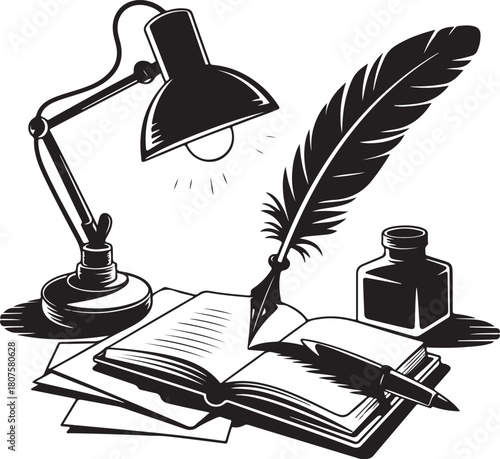 Vintage writing desk with quill pen inkwell and lamp illustration